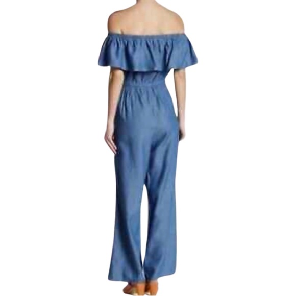 Jealous Tomato Blue Chambray Off shoulder ruffleTop Jumpsuit. - Picture 2 of 7